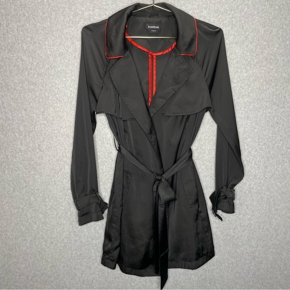 Bebe Satin Y2K Goth Dark Academia Black Belted Longline Jacket - Picture 1 of 5